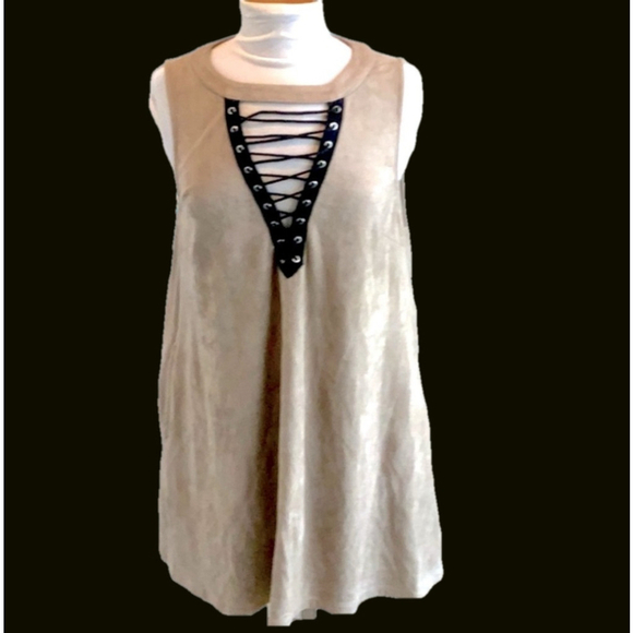 Vintage Dresses & Skirts - Festival Faux Tan Suede Black Lace Up Size Medium All Seasons